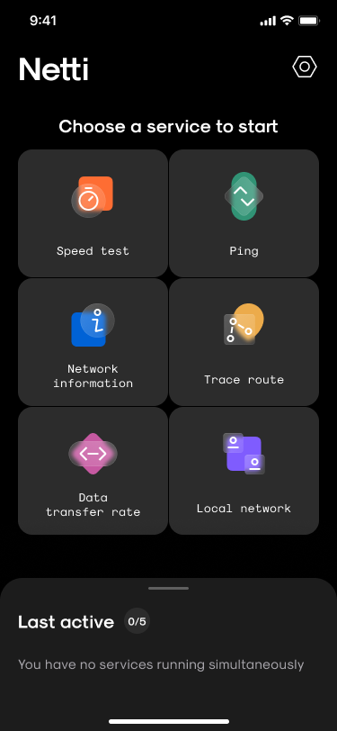 Netti app – home screen with speed test, ping, traceroute and other network tools