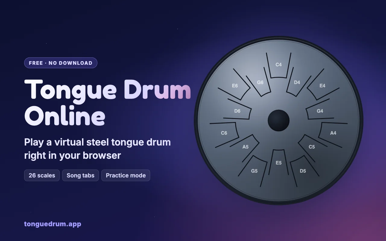Tongue Drum Online — interfejs przeglądarkowy z interaktywnym trójwymiarowym stalowym bębnem językowym
